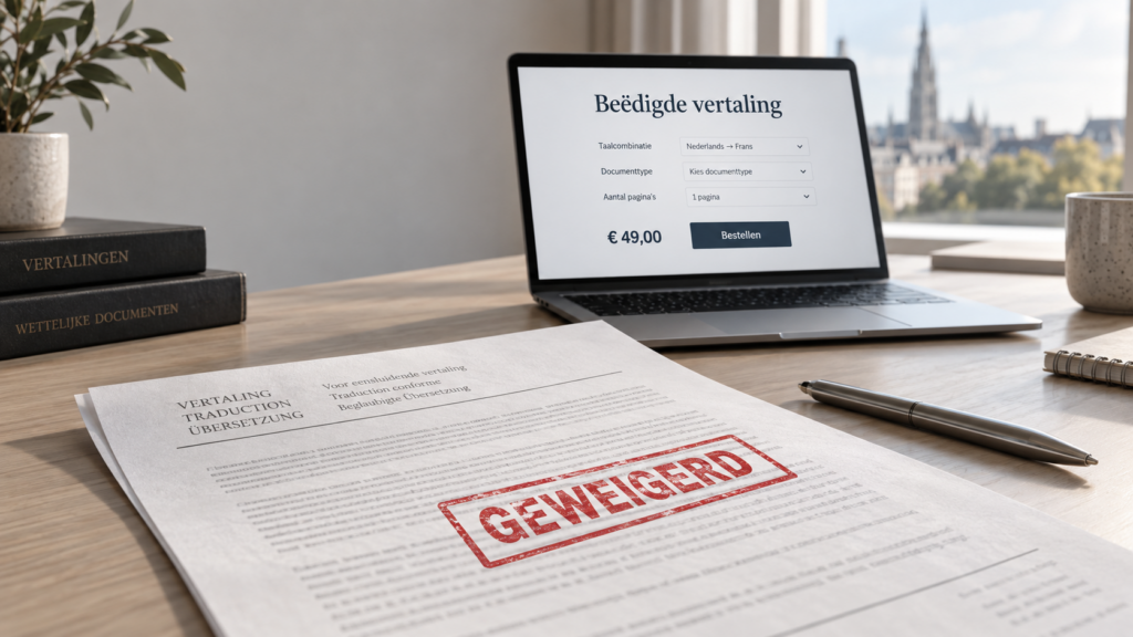 Stempel "beëdigde vertaling" op een document naast een laptop